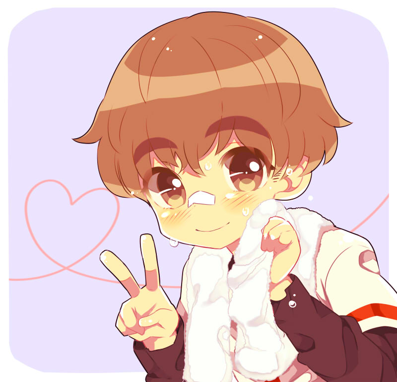 1boy, bandage_on_nose, baseball_uniform, blush, brown_eyes, brown_hair, heart, heart_of_string