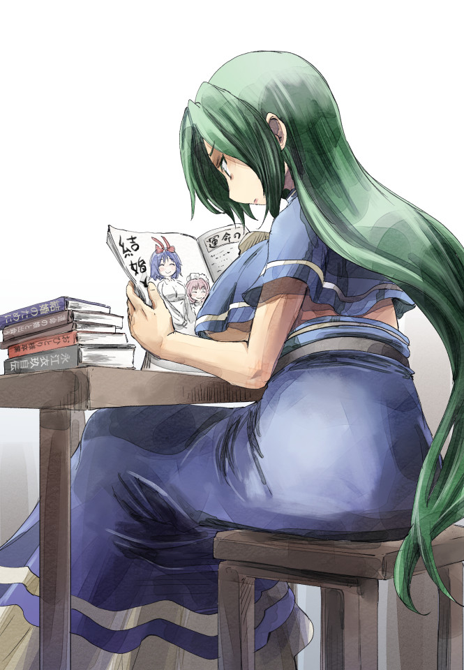 1girl, blue_dress, book, breasts, capelet, chair, commentary_request, cover