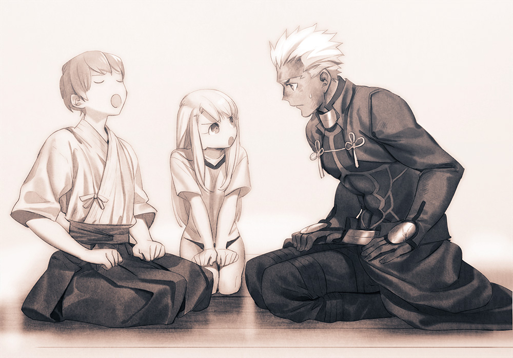 1boy, 2girls, archer, buruma, fate/stay_night, fate_(series), fujimura_taiga, hakama