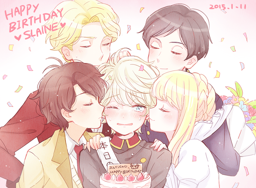 1girl, 4boys, aldnoah.zero, asseylum_vers_allusia, birthday_cake, blush, cake, cruhteo