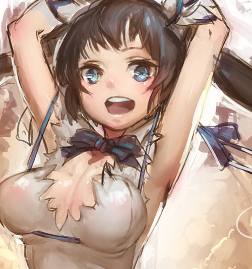 1girl, arms_behind_head, arms_up, black_hair, blue_bow, blue_eyes, blush, bow