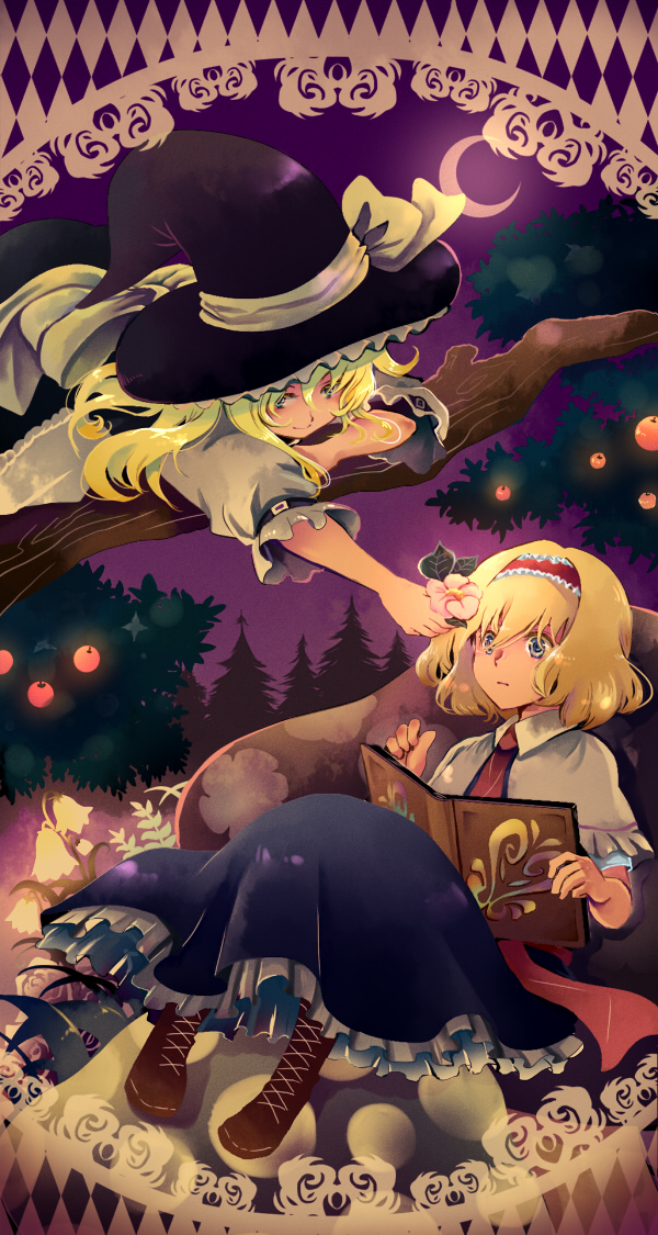 2girls, alice_margatroid, apron, blonde_hair, blue_eyes, book, capelet, couple