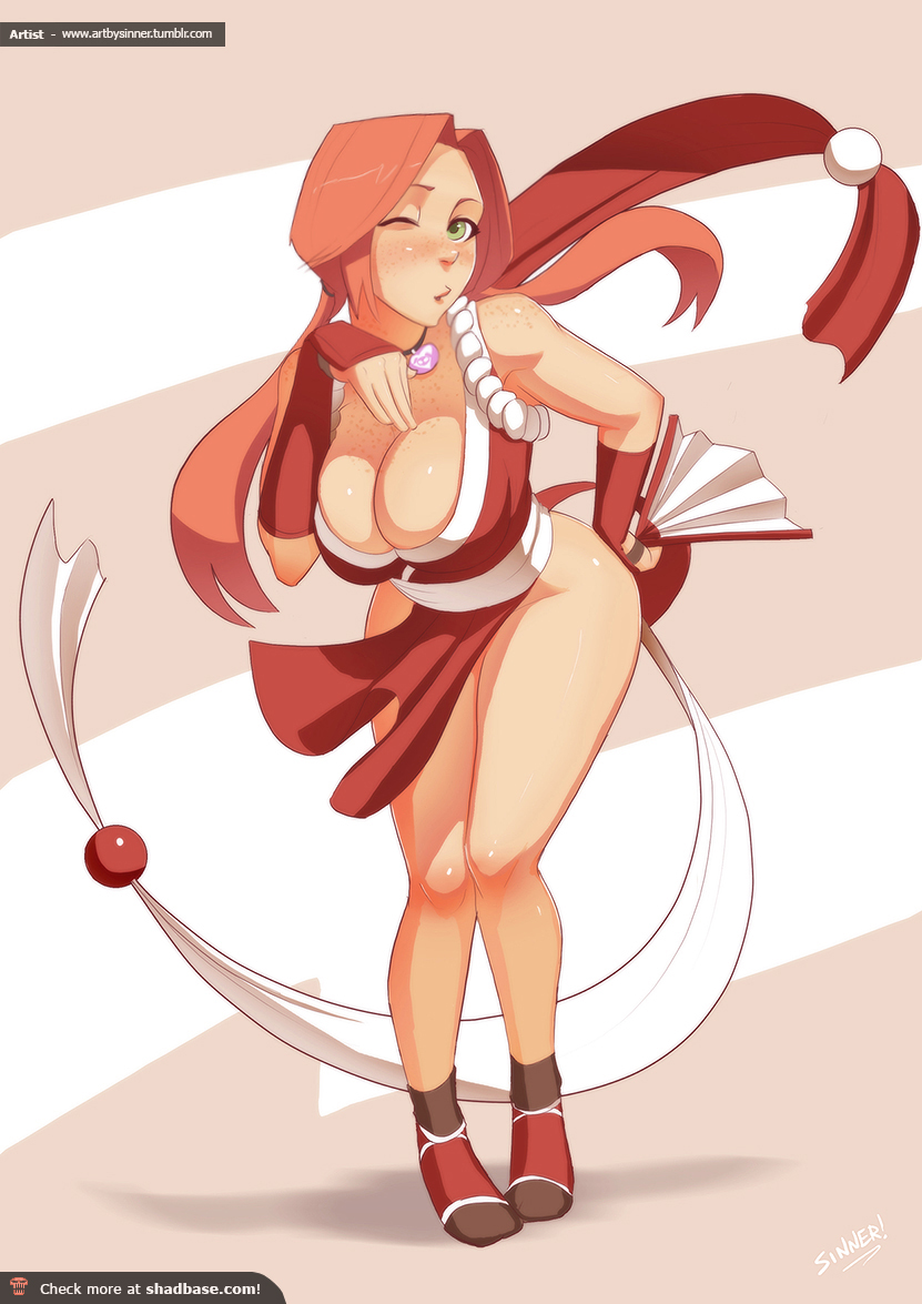 1girl, blown_kiss, breasts, cleavage, cosplay, fan, freckles, full_body, green_eyes, japanese_clothes, king_of_fighters, kote, large_breasts, leaning_forward, long_hair, orange_hair, original, ponytail, shiranui_mai, shiranui_mai_(cosplay), silly_girl, sinner!_(sillygirl), socks, solo