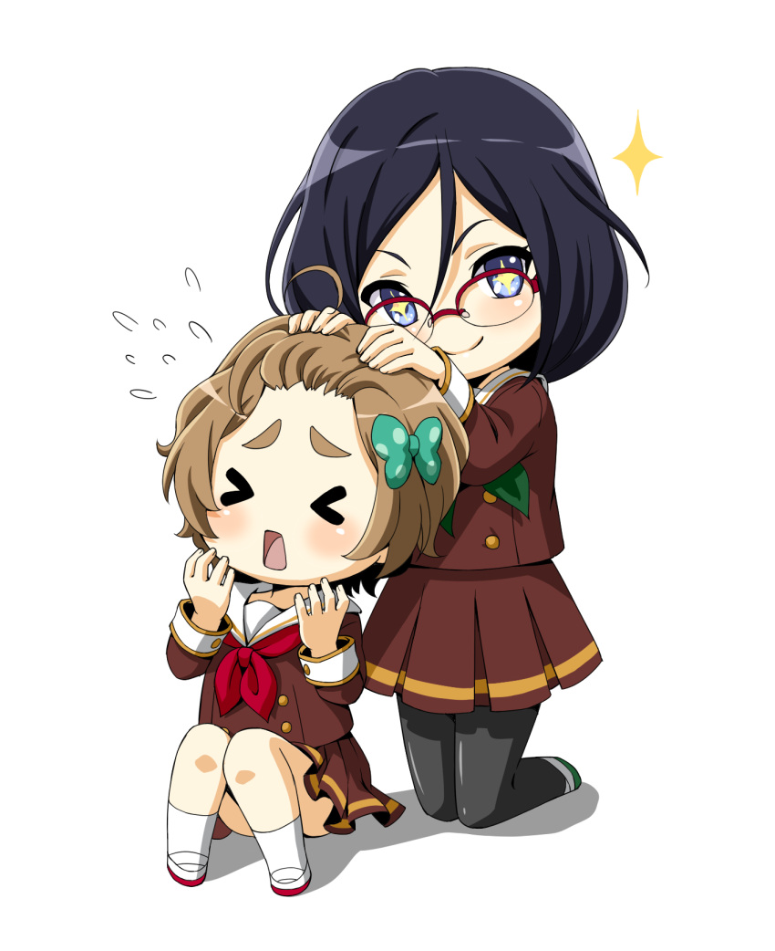 2girls, black_hair, brown_hair, chibi, flying_sweatdrops, glasses, hair_ribbon, hibike!_euphonium, highres, ishiyaki_nori, kawashima_sapphire, multiple_girls, ribbon, school_uniform, short_hair, tanaka_asuka