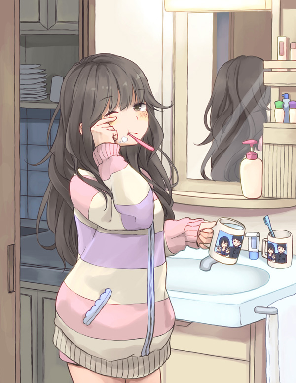 1girl, bangs, bathroom, black_hair, commentary_request, cup, long_hair, lotion_bottle