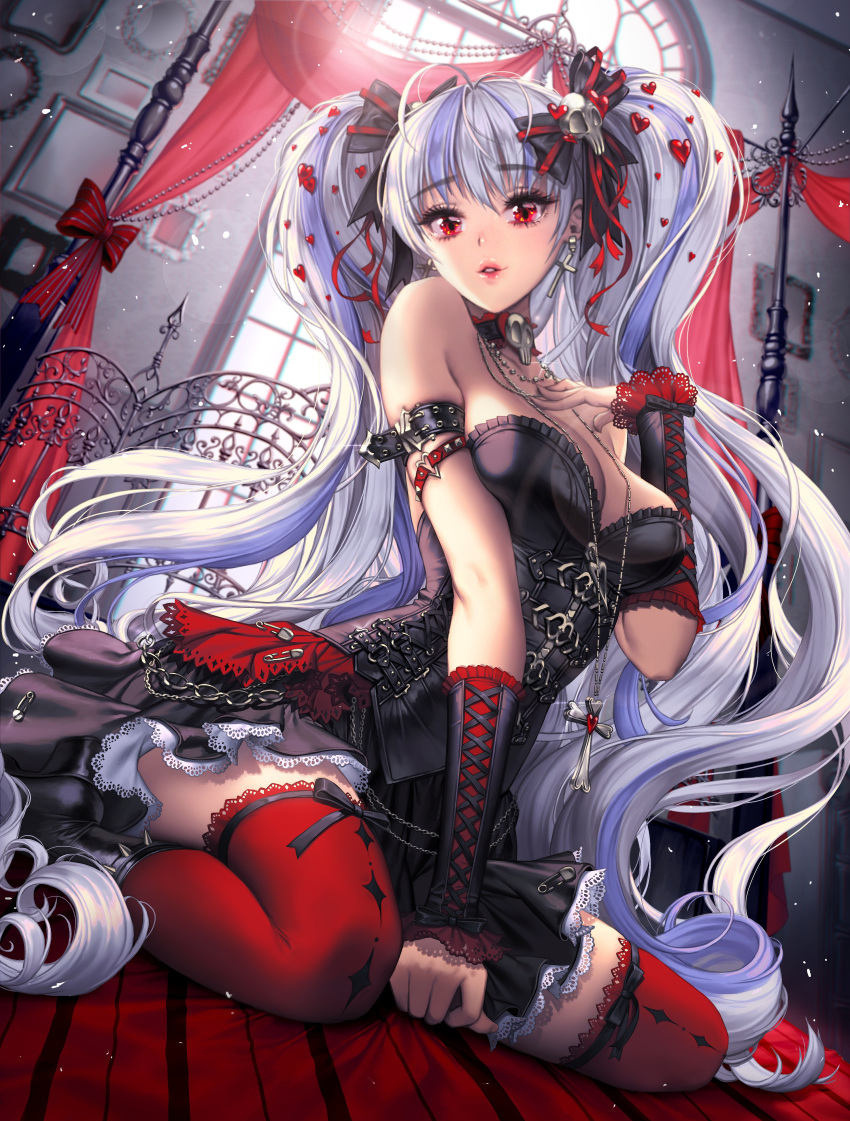 1girl, absurdres, arm_warmers, armband, bangs, bare_shoulders, bed, bed_sheet
