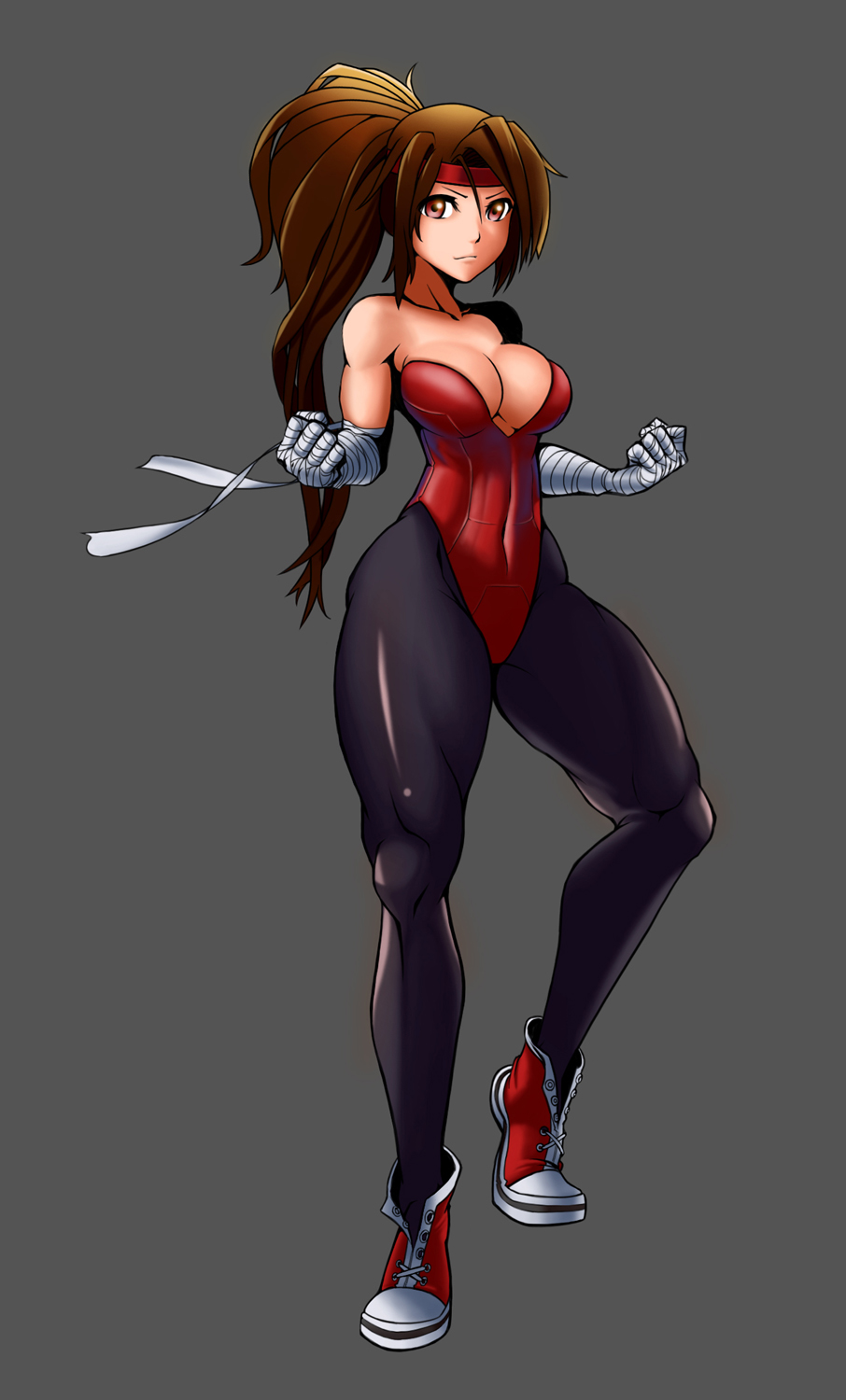 1girl, bandages, bare_shoulders, black_legwear, breakers, breasts, brown_eyes, brown_hair