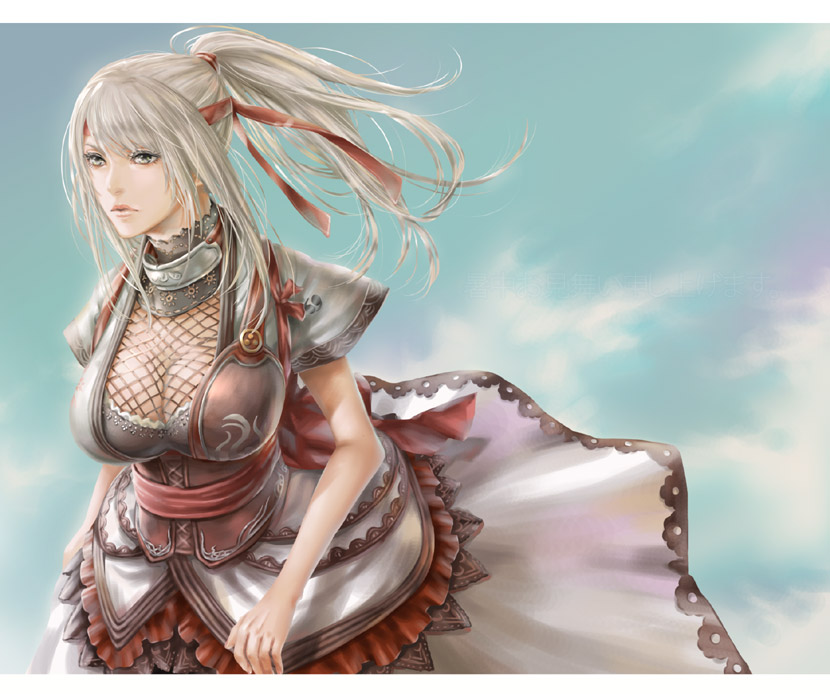 blonde_hair, bra, breasts, cleavage, dr., dress, fishnets, frills, granado_espada, green_eyes, hair_ribbon, headband, large_breasts, lingerie, lips, long_hair, mifuyu, ponytail, ribbon, underwear