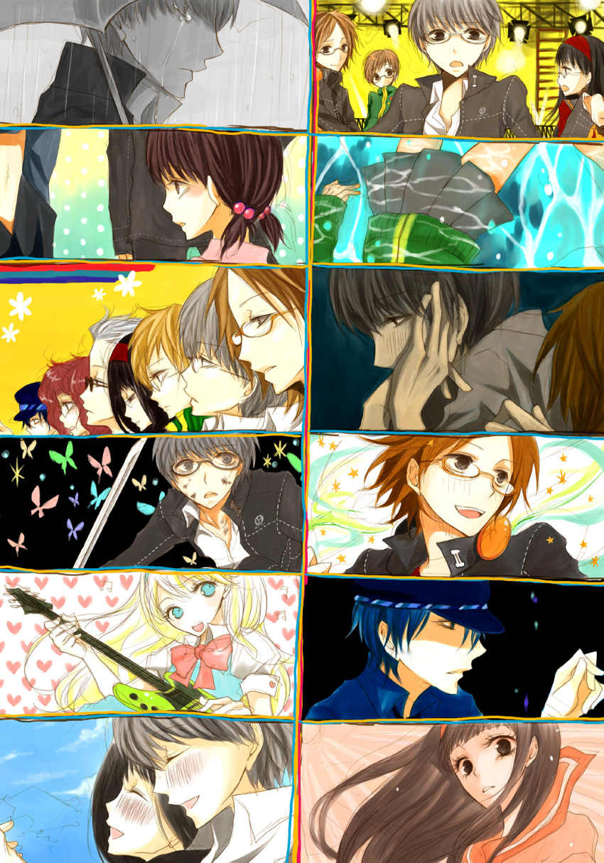 androgynous, black_eyes, black_hair, blonde_hair, blue_eyes, blue_hair, blush, brown_eyes