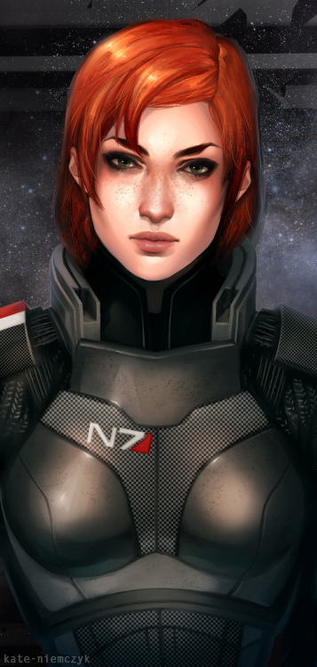 1girl, breasts, commander_shepard, commander_shepard_(female), eyeshadow, freckle_(slugbox), freckles, green_eyes