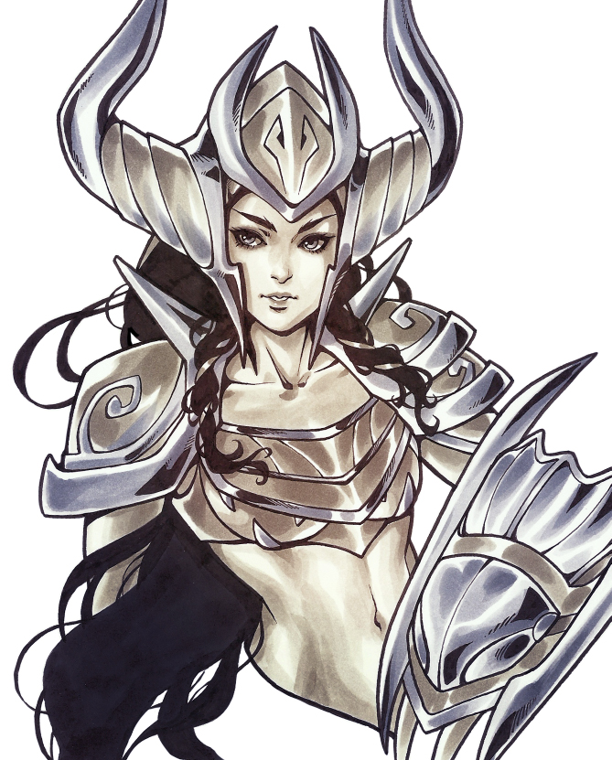 1girl, breastplate, flat_chest, greyscale, helmet, horned_helmet, kate_niemczyk, league_of_legends, long_hair, midriff, monochrome, navel, pauldrons, shyvana, solo, upper_body