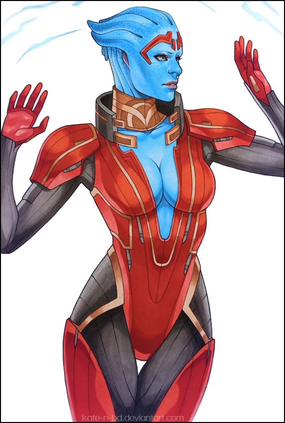 1girl, asari, blue_eyes, blue_skin, bodysuit, breasts, cleavage, detached_collar
