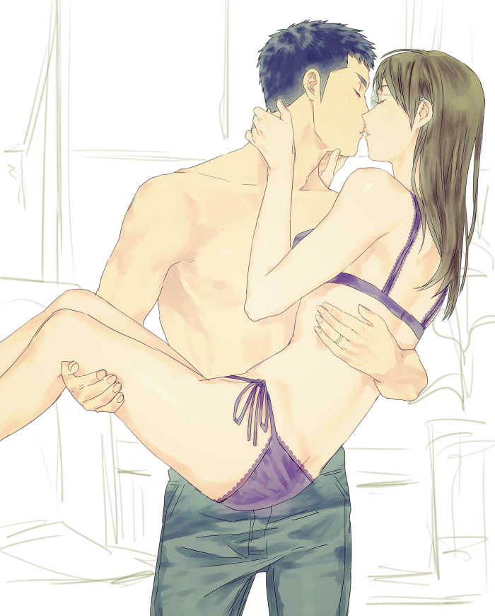 1boy, 1girl, ace_of_diamond, back, black_hair, bra, carrying, closed_eyes