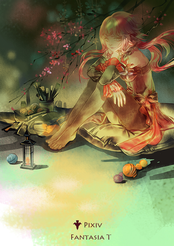 1girl, afra, bare_shoulders, black_legwear, branch, cherry_blossoms, detached_collar, detached_sleeves