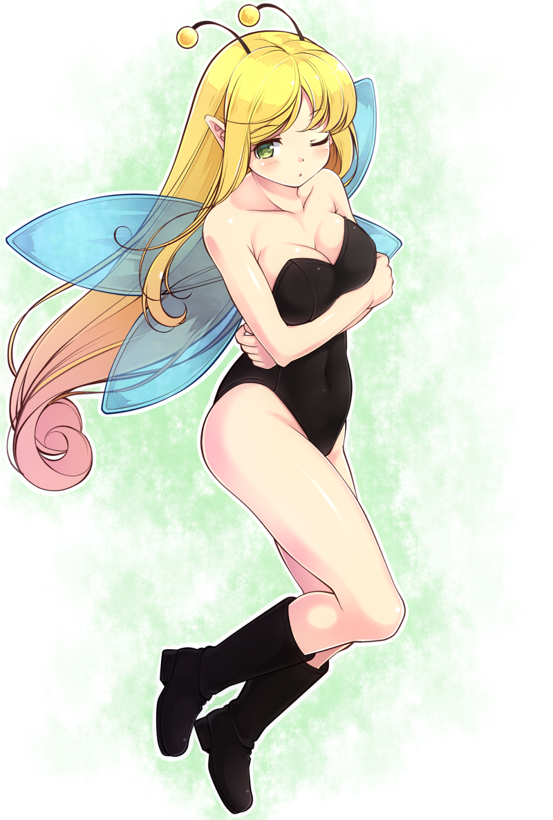 1girl, antennae, bare_shoulders, black_boots, blonde_hair, boots, breasts, cleavage