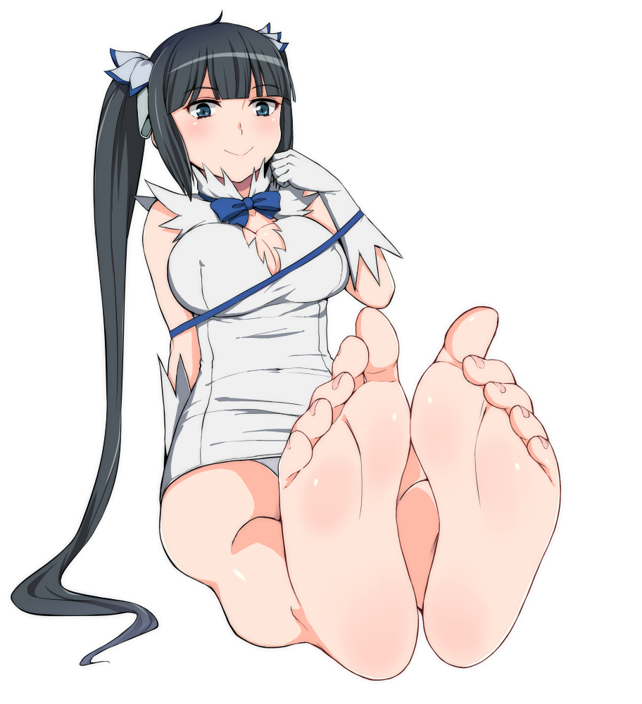 1girl, barefoot, black_hair, blue_eyes, breasts, cleavage, dress, dungeon_ni_deai_wo_motomeru_no_wa_machigatteiru_darou_ka, feet, gagajya, gloves, hair_ribbon, hestia_(danmachi), large_breasts, long_hair, panties, rei_no_himo, ribbon, sitting, smile, soles, solo, toes, twintails, underwear, very_long_hair