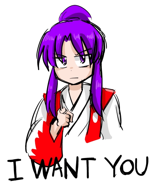 1girl, english, i_want_you, japanese_clothes, meira, miera, pointing, pointing_at_viewer
