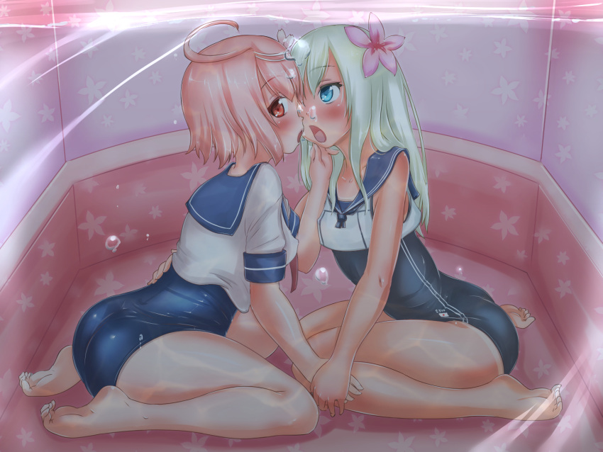 2girls, blonde_hair, blue_eyes, crop_top, h2o_uw, highres, i-58_(kantai_collection), kantai_collection, kiss, long_hair, multiple_girls, pink_hair, red_eyes, ro-500_(kantai_collection), school_swimsuit, school_uniform, serafuku, short_hair, swimsuit, swimsuit_under_clothes, tan, tanline, underwater, water, yuri