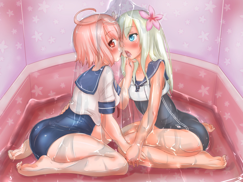 2girls, blonde_hair, blue_eyes, crop_top, h2o_uw, highres, i-58_(kantai_collection), kantai_collection, kiss, long_hair, multiple_girls, pink_hair, red_eyes, ro-500_(kantai_collection), school_swimsuit, school_uniform, serafuku, short_hair, swimsuit, swimsuit_under_clothes, tan, tanline, water, yuri