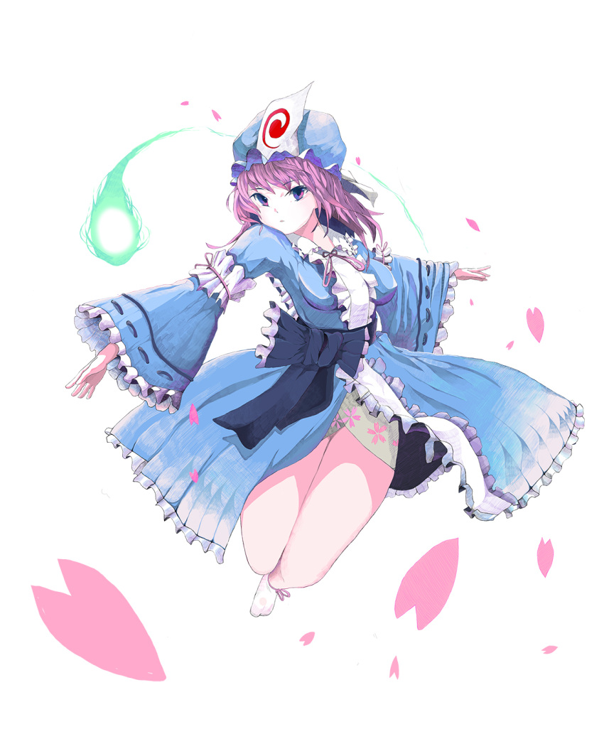 1girl, ankle_ribbon, arm_ribbon, blue_eyes, breasts, cloud_balloon, floral_print, frilled_kimono, frills, gradient_eyes, highres, hitodama, japanese_clothes, kimono, mob_cap, multicolored_eyes, no_shoes, obi, petals, purple_hair, ribbon, saigyouji_yuyuko, sash, serious, short_hair, simple_background, socks, solo, thighs, touhou, triangular_headpiece, veil, violet_eyes, white_background