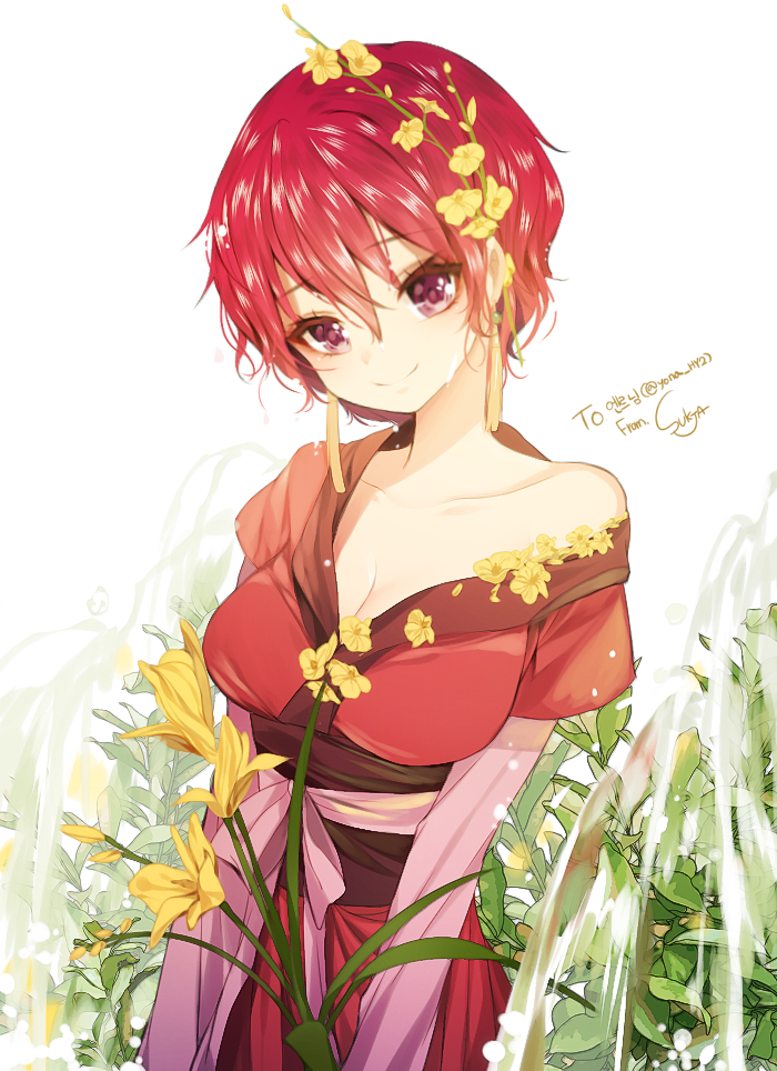 1girl, akatsuki_no_yona, breasts, cleavage, earrings, flower, jewelry, looking_at_viewer