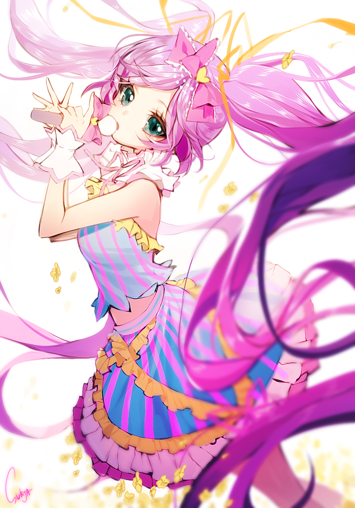 1girl, flower, green_eyes, long_hair, manaka_lala, microphone, puri_para, purple_hair