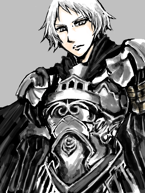 1girl, armor, cape, coeur_de_griffon, final_fantasy, final_fantasy_xii, full_armor, grey_background, judge_drace, no_headwear, no_helmet, short_hair, solo, white_hair
