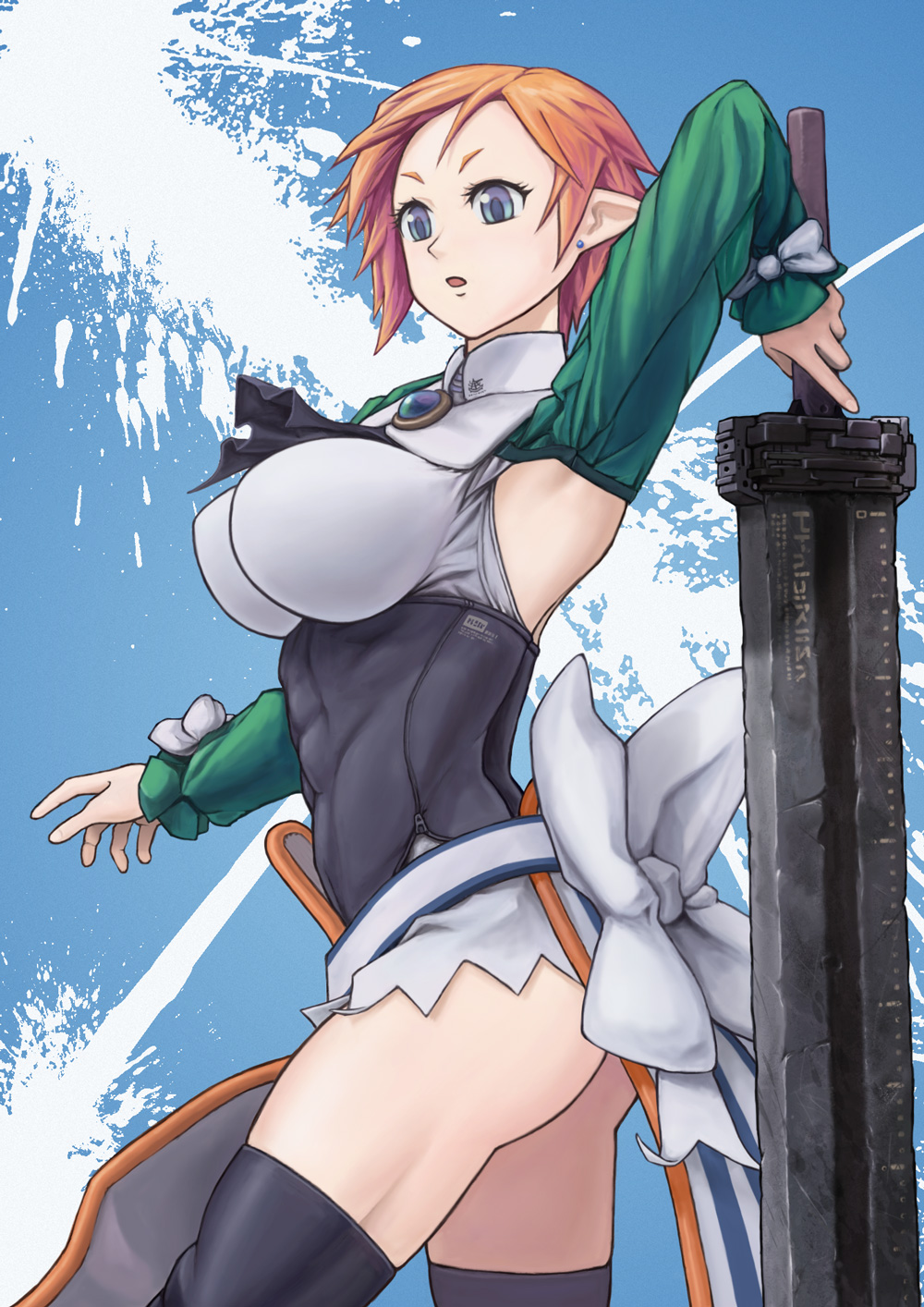 1girl, abs, arm_up, armpits, black_legwear, blue_eyes, breasts, disgaea