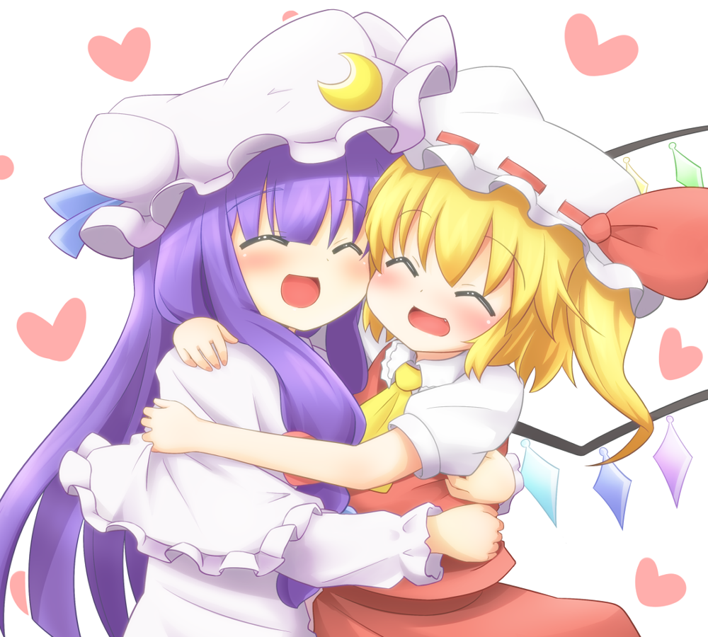 2girls, :d, ^_^, blonde_hair, closed_eyes, crescent_moon, fang, flandre_scarlet