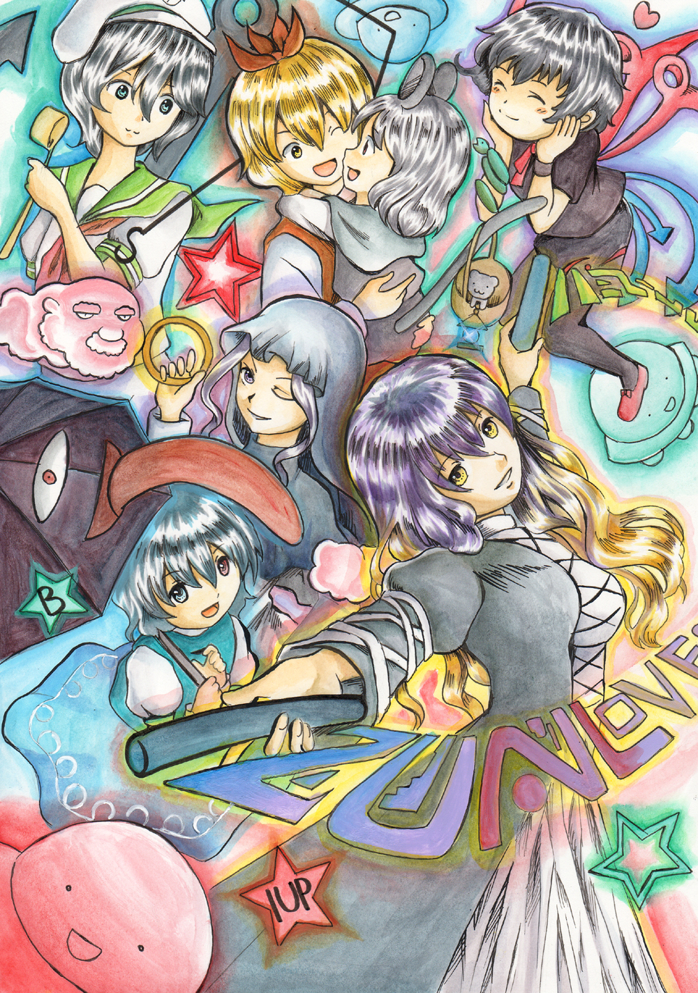 6+girls, breasts, brown_eyes, brown_hair, dress, everyone, full_body, geta