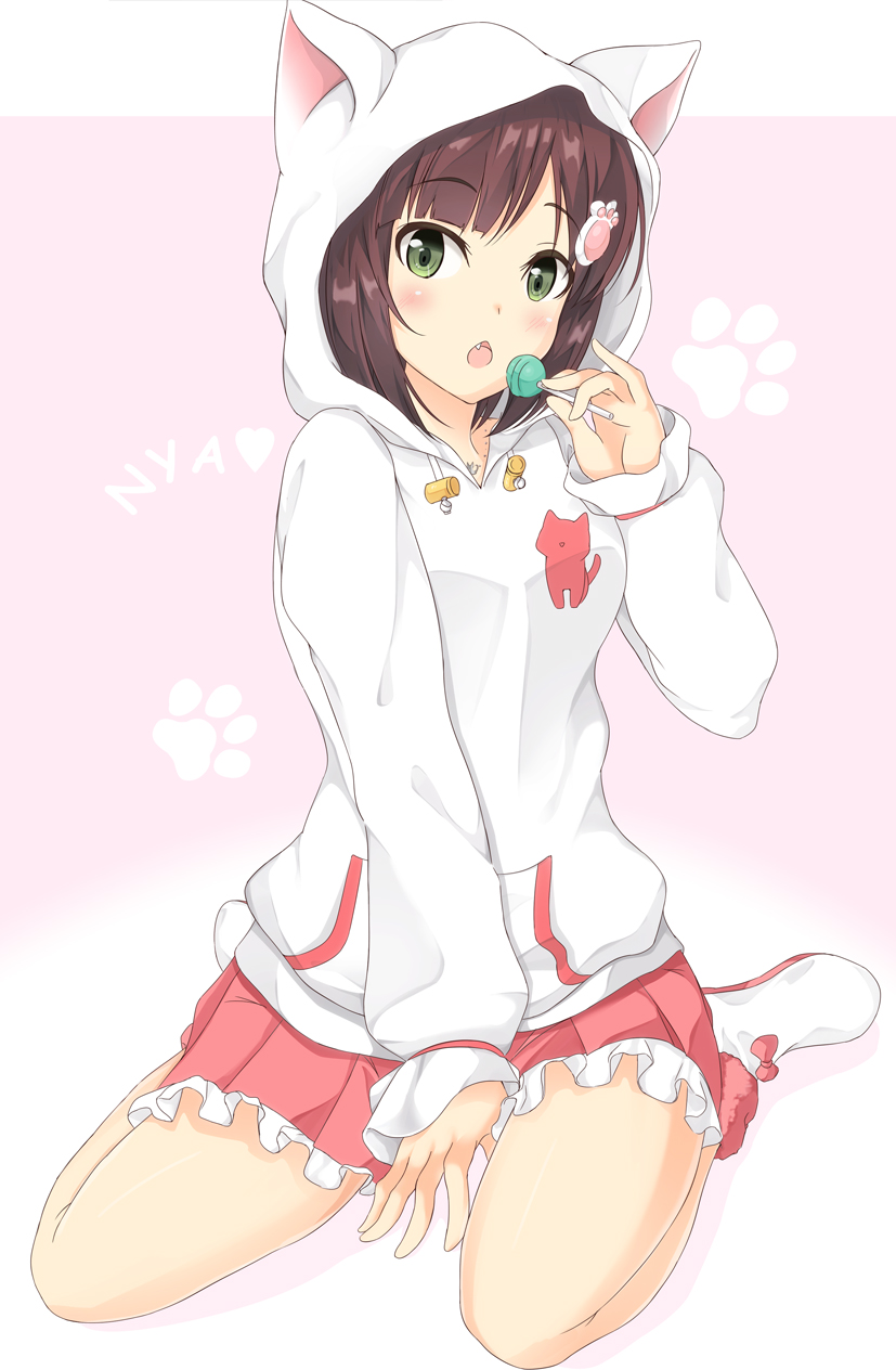 1girl, animal_hood, brown_hair, candy, chestnut_mouth, fang, green_eyes, hair_ornament