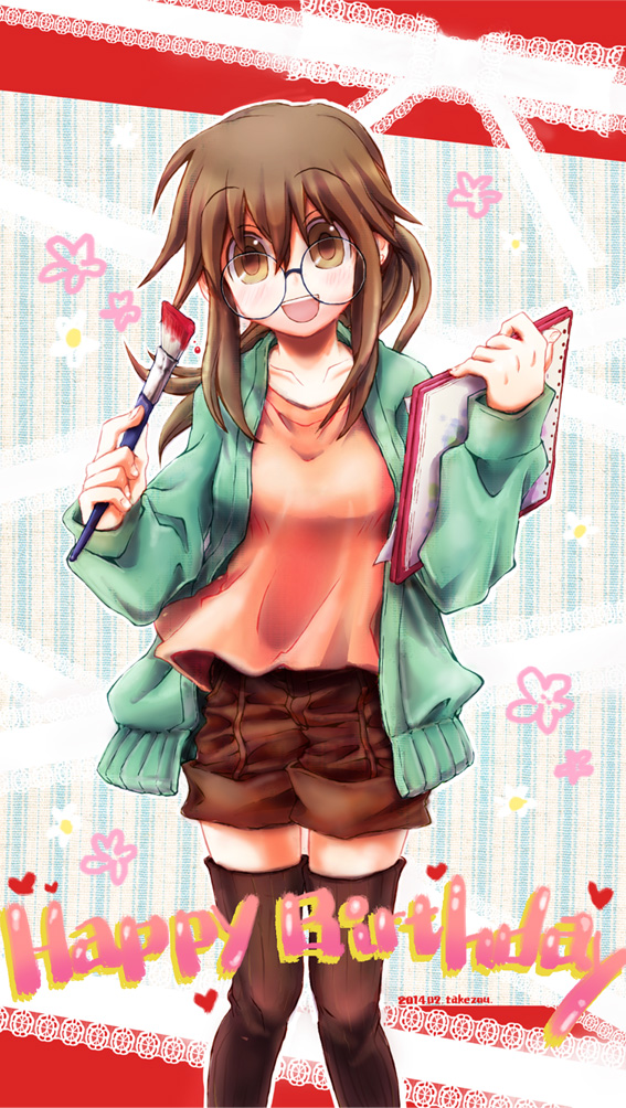 1girl, :d, artist_name, brown_eyes, brown_hair, dated, drawing_board, ga_geijutsuka_art_design_class, glasses, happy_birthday, jacket, looking_at_viewer, open_mouth, paintbrush, shorts, smile, solo, takezou_kaneya, thigh-highs, yamaguchi_kisaragi