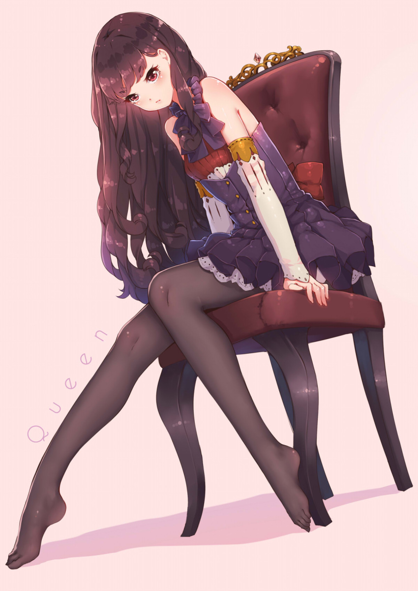 1girl, bare_shoulders, black_hair, black_legwear, brown_eyes, chair, detached_sleeves, dress
