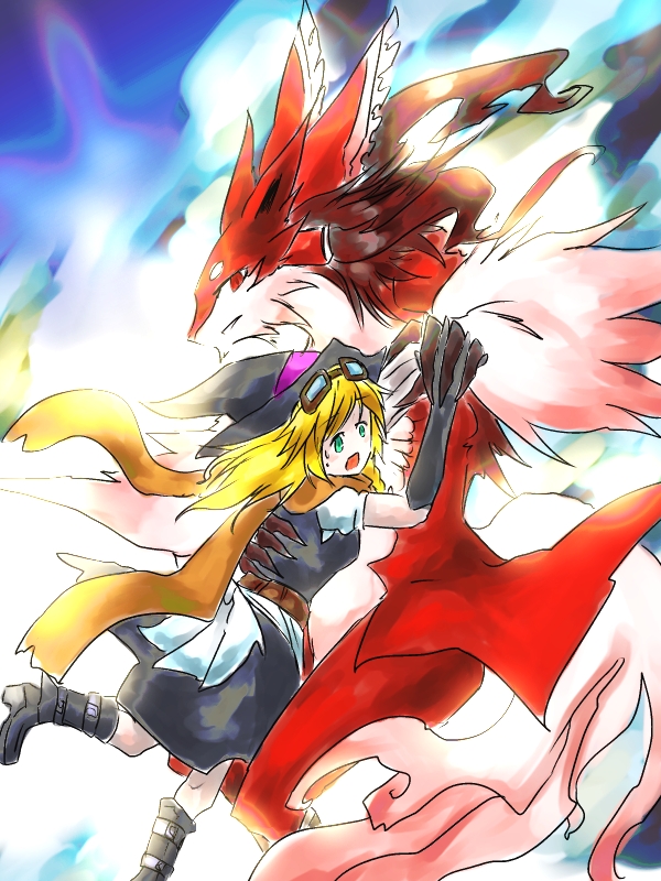 2girls, animalization, blonde_hair, bow, braid, brown_hair, dress, furry, getsuyou_bi, goggles, goggles_on_head, hair_bow, hair_tubes, hakurei_reimu, hat, kirisame_marisa, long_hair, multiple_girls, ribbon, touhou, transfur, witch_hat, yellow_eyes
