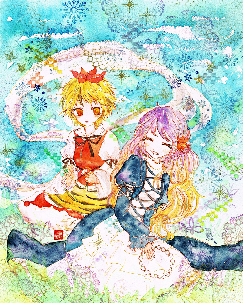 2girls, breasts, brown_eyes, brown_hair, butterfly, dress, flower, flower_wreath