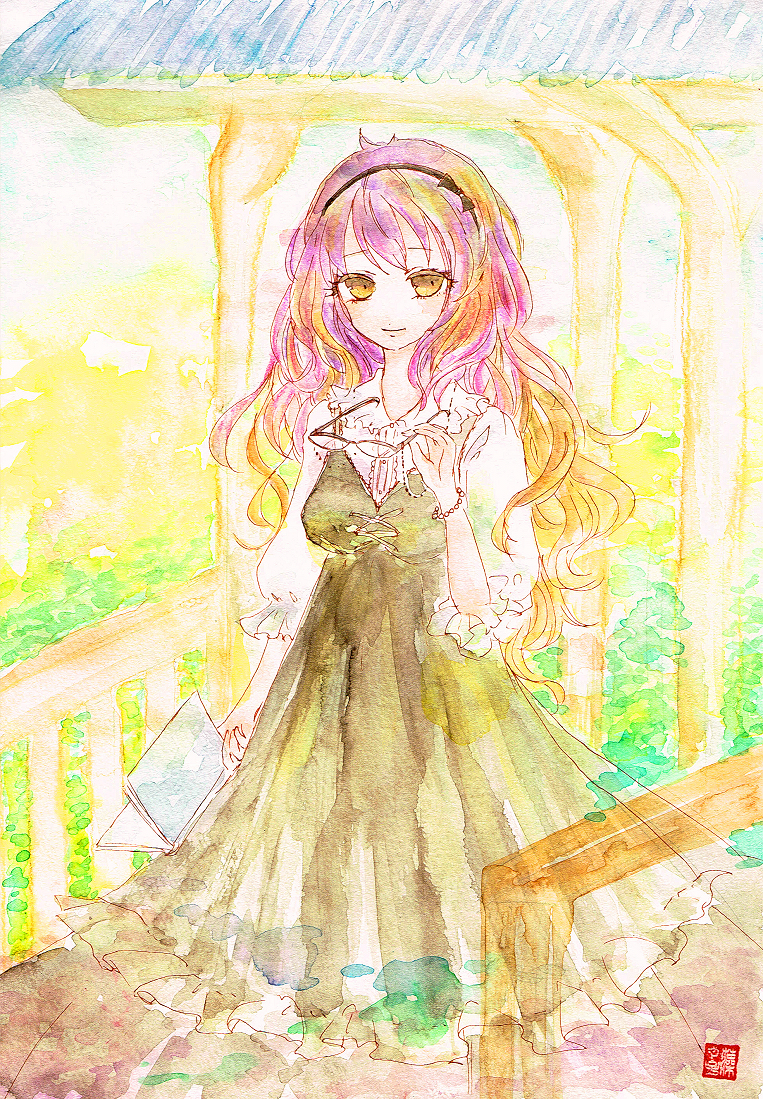 1girl, alternate_costume, beads, blonde_hair, book, breasts, brown_eyes, brown_hair