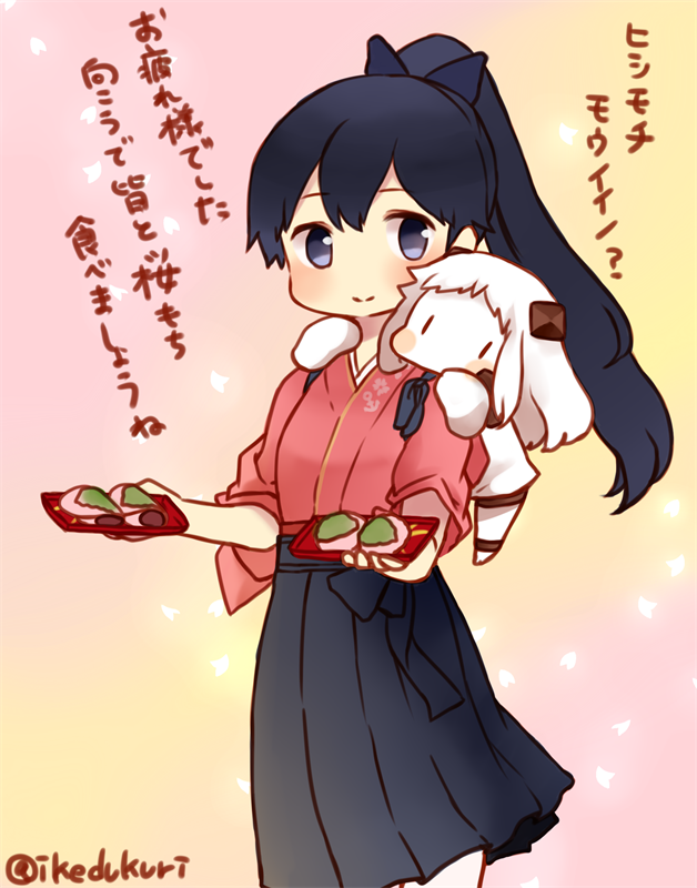 2girls, black_eyes, black_hair, chibi, dress, food, hakama, horns