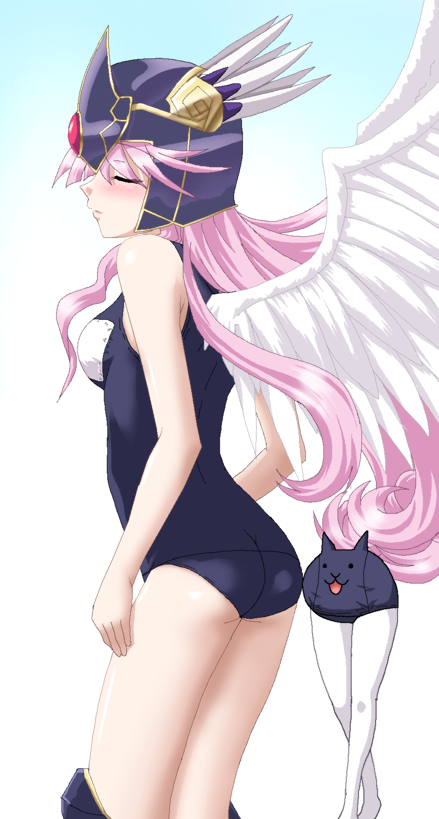 1girl, :3, angel_wings, ass, blush, closed_eyes, from_behind, hayashiya_zankurou, helmet, highres, long_hair, nyanko_daisensou, parted_lips, pink_hair, sexy_legs_cat, swimsuit, swimsuit_on_head, valkyrie_cat, what, wings