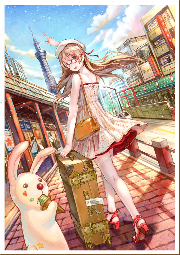1girl, bag, beret, brown_eyes, brown_hair, dress, dutch_angle, eating, food, food_on_face, glasses, gloves, green_ice_cream, hat, heart, high_heels, holding, ice_cream, ice_cream_cone, kooribata, long_hair, looking_at_viewer, looking_back, moemi_tobi, open_mouth, original, outdoors, pavement, pointing, rabbit, red-framed_glasses, sky, solo, star, suitcase, thigh-highs, walking, white_legwear