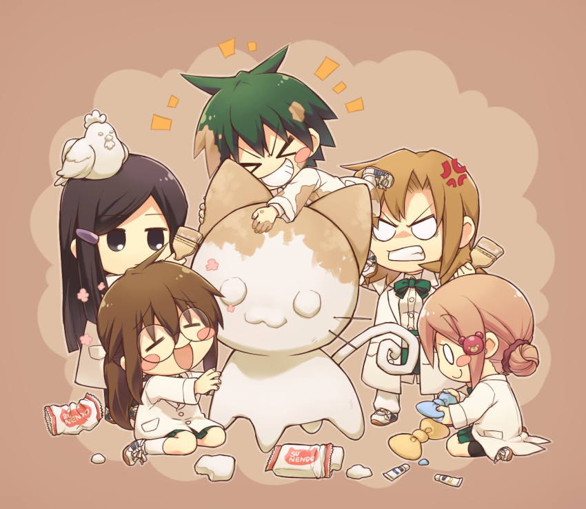>_<, 0_0, 5girls, black_hair, blonde_hair, blush_stickers, bow, brown_hair
