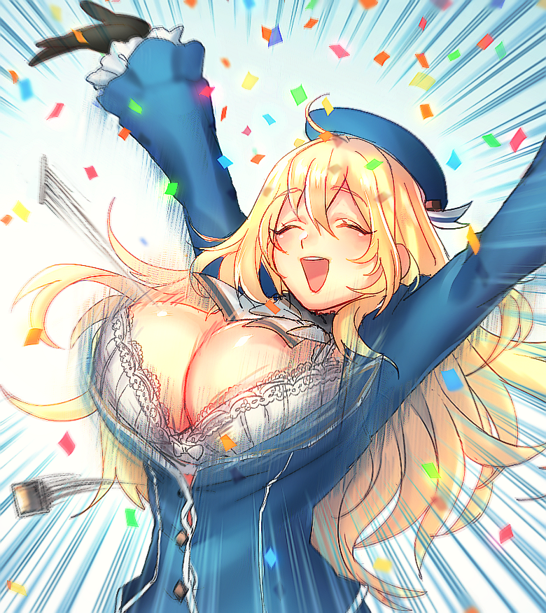 1girl, atago_(kantai_collection), black_gloves, blonde_hair, bouncing_breasts, breasts, bursting_breasts, confetti