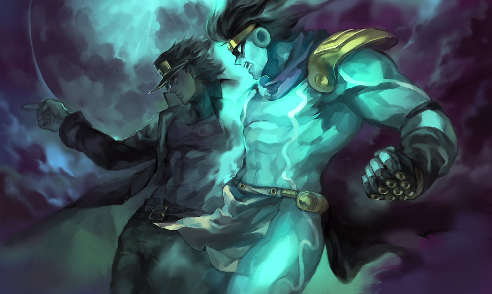 2boys, black_hair, blue, cigarette, fingerless_gloves, gloves, hat, jojo_no_kimyou_na_bouken