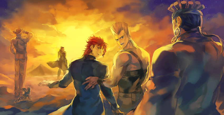 desert, from_behind, iggy_(jojo), jean_pierre_polnareff, jojo_no_kimyou_na_bouken, joseph_joestar, kakyouin_noriaki, kuujou_joutarou