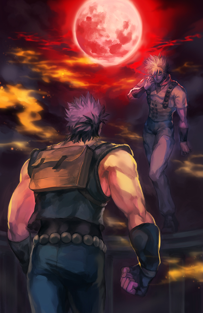 2boys, backpack, bag, blonde_hair, dio_brando, full_moon, jojo_no_kimyou_na_bouken, jonathan_joestar