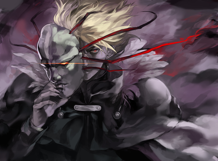 1boy, blonde_hair, cape, dio_brando, feathers, glowing, glowing_eyes, jojo_no_kimyou_na_bouken