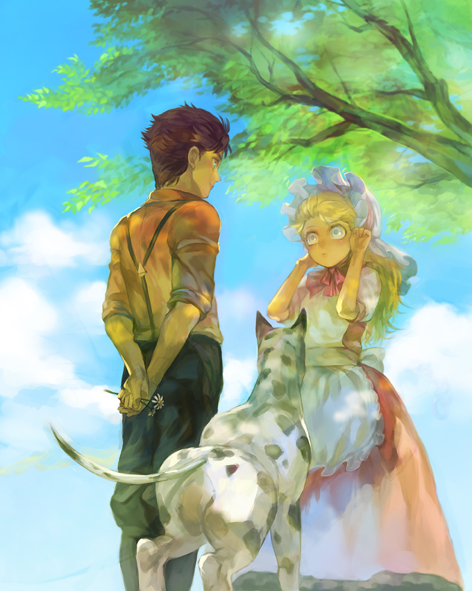 1boy, 1girl, arms_behind_back, blonde_hair, child, danny_(jojo), dog, dress
