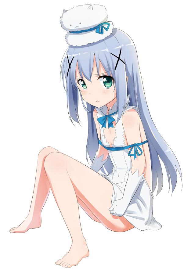 1girl, alternate_eye_color, arm_ribbon, ass, bare_shoulders, barefoot, blue_hair, blush, bow, cleavage_cutout, cosplay, covered_navel, dress, dress_pull, dungeon_ni_deai_wo_motomeru_no_wa_machigatteiru_darou_ka, flat_chest, gloves, gochou_(atemonai_heya), gochuumon_wa_usagi_desu_ka?, green_eyes, hair_ornament, hair_ribbon, hestia_(danmachi), hestia_(danmachi)_(cosplay), kafuu_chino, long_hair, looking_at_viewer, minase_inori, open_mouth, parody, rei_no_himo, ribbon, seiyuu_connection, short_dress, simple_background, sitting, sleeveless, sleeveless_dress, solo, tippy_(gochuumon_wa_usagi_desuka?), white_background, white_dress, white_gloves