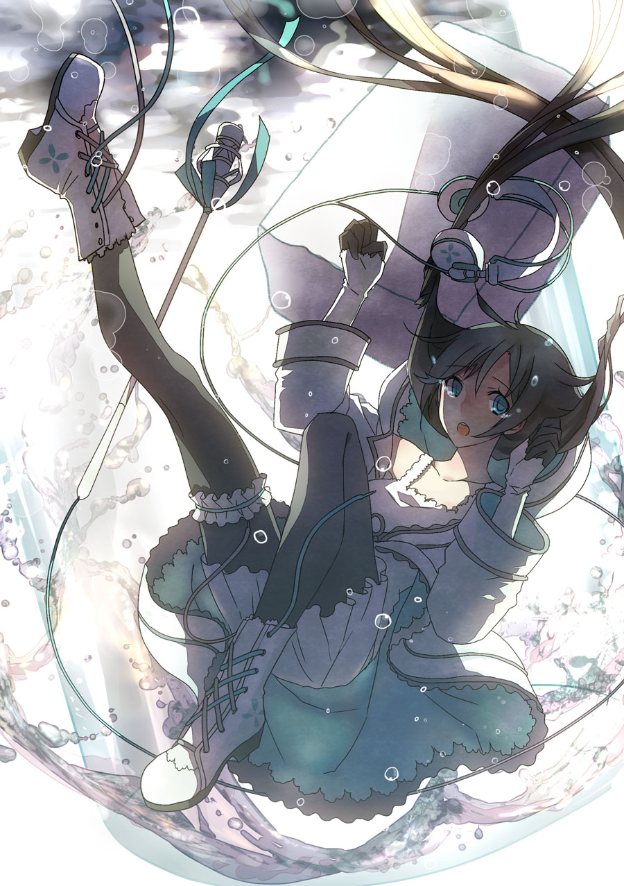 1girl, air_bubble, black_hair, black_legwear, blue_eyes, boots, cross-laced_footwear, gloves, headphones, highres, lace-up_boots, leg_garter, long_hair, looking_at_viewer, microphone_stand, open_mouth, pantyhose, shirotolee, solo, tears, underwater, utau, very_long_hair, water, xia_yu_yao