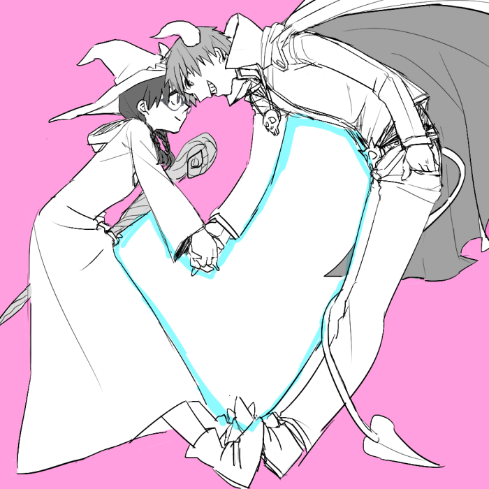 1boy, 1girl, akabane_karma, ansatsu_kyoushitsu, cape, demon_horns, forehead-to-forehead, glasses, grin, hat, heart, horns, long_hair, moimoi_(iserror), monochrome, okuda_manami, short_hair, smile, staff, witch_hat