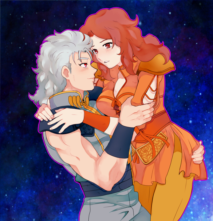 13domon, blush, grey_hair, hand_on_ass, highres, hokuto_no_ken, hug, mamiya
